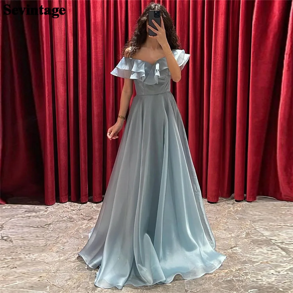 

Sevintage Simple Baby Blue Organza Prom Dresses Off The Shoulder Formal Pleat Ruched Gown Homecoming Dress Graduation Party 2023