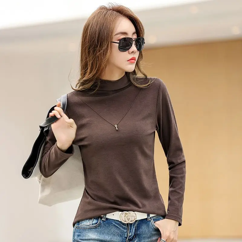 Autumn Winter Double Sided Velvet High Neck Brushed Women's Clothing Stylish Mid Neck Autumn Long Sleeved Thickened Fashion Tops