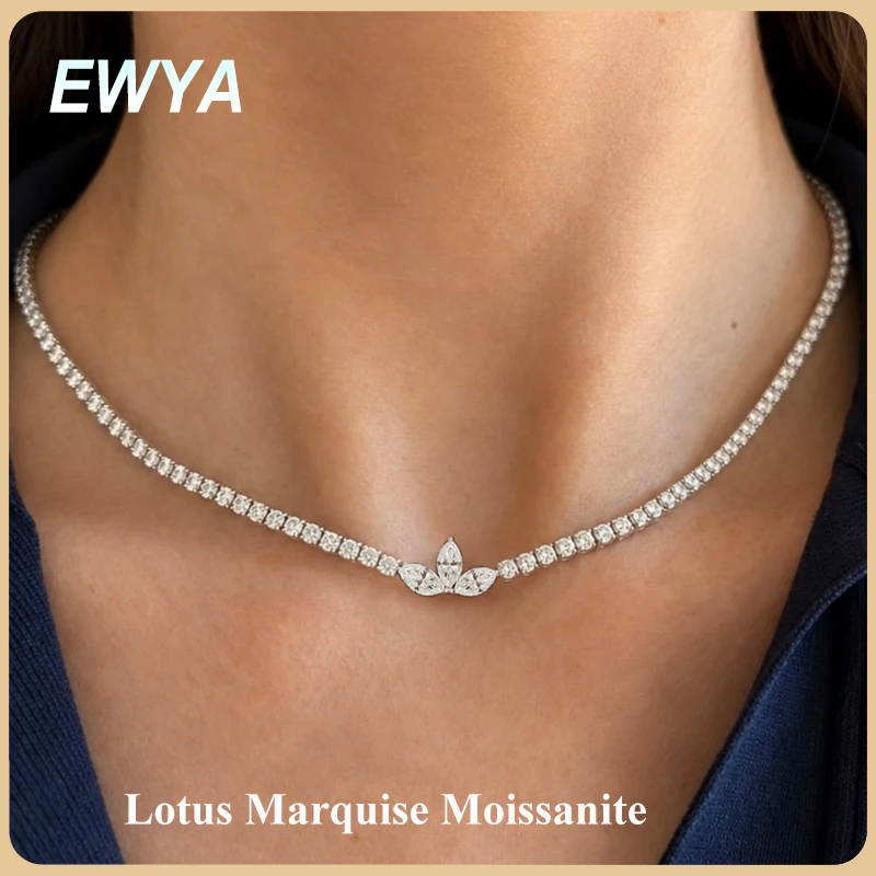 EWYA Lotus Gargantilla de Tenis con 3 Piedras de Moissanita Corte Marquise para Mujer, Cadena de Plata S925, Delicada, Apilable, Joyería para Fiesta