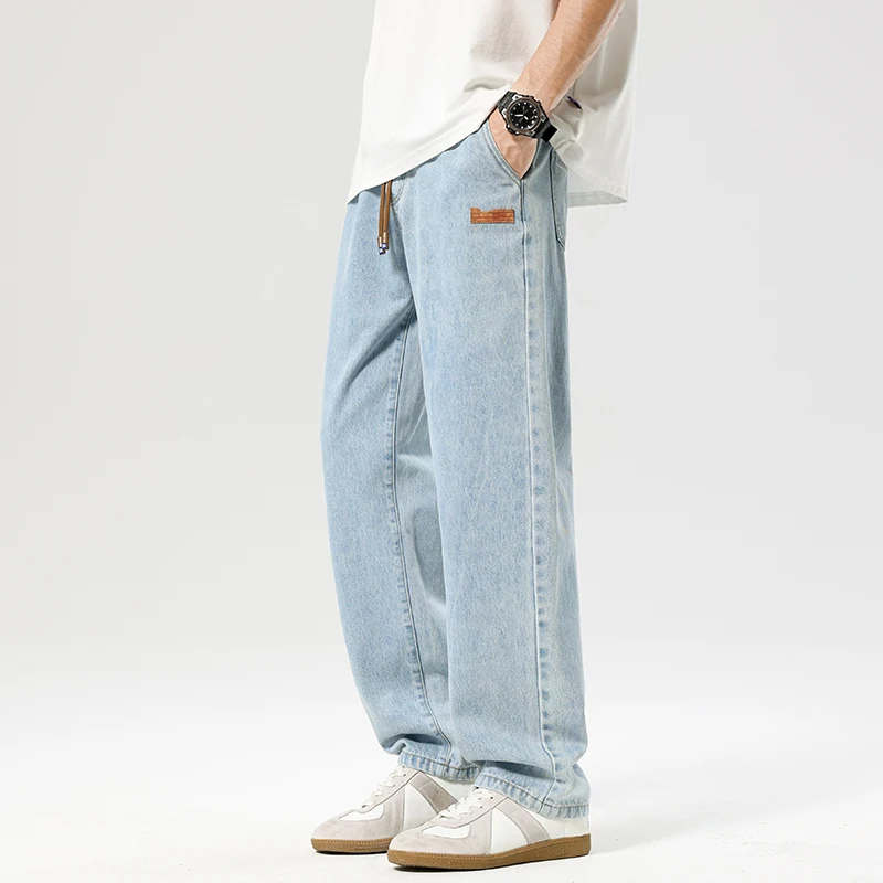 

Casual Jeans Men Autumn New Drawstring Fashion Comfortable Trousers Stretch Waist Straight Loose Wide-leg Denim Pants Male