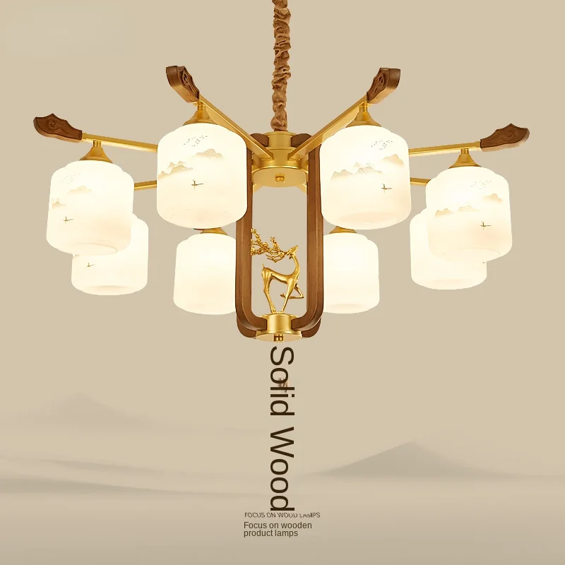 

New Chinese style chandelier living room atmosphere antlers simple solid wood Zen dining room chandelier Chinese style vill