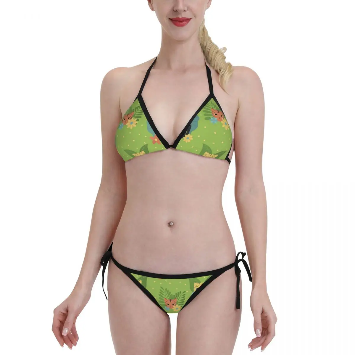 Set Bikini con fiori di foglie tropicali da donna, costume da bagno con testa di leopardo tigre carino, costume da bagno Sexy, abbigliamento da spiaggia, 2023