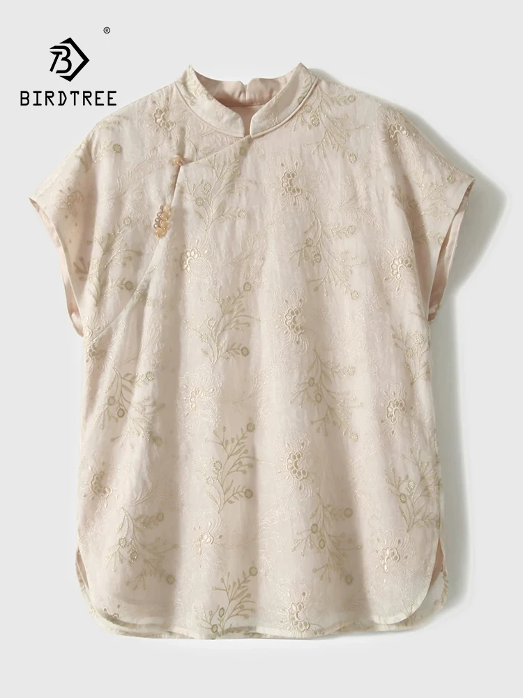 

Элегантная блузка BirdTree-Bottom из 100% натурального шелка, с коротким рукавом и вышивкой, женская, в стиле ретро, свободного кроя, лето 2026, T63637CC