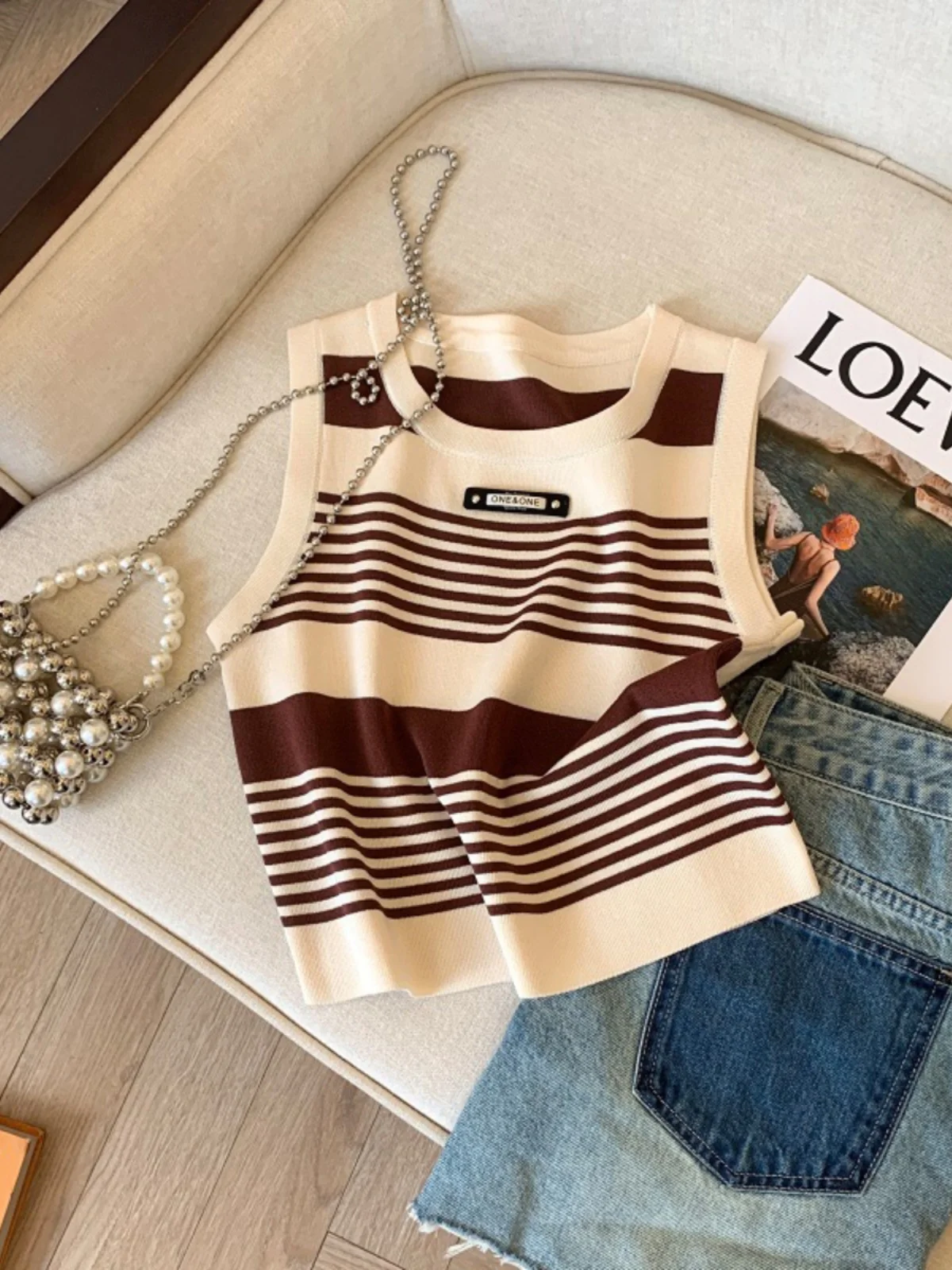 Ice Silk Knitted Stripe Work irt Strap Vest Women Inner Summer Outer Wear Hide Side Breast No Sve ort Top