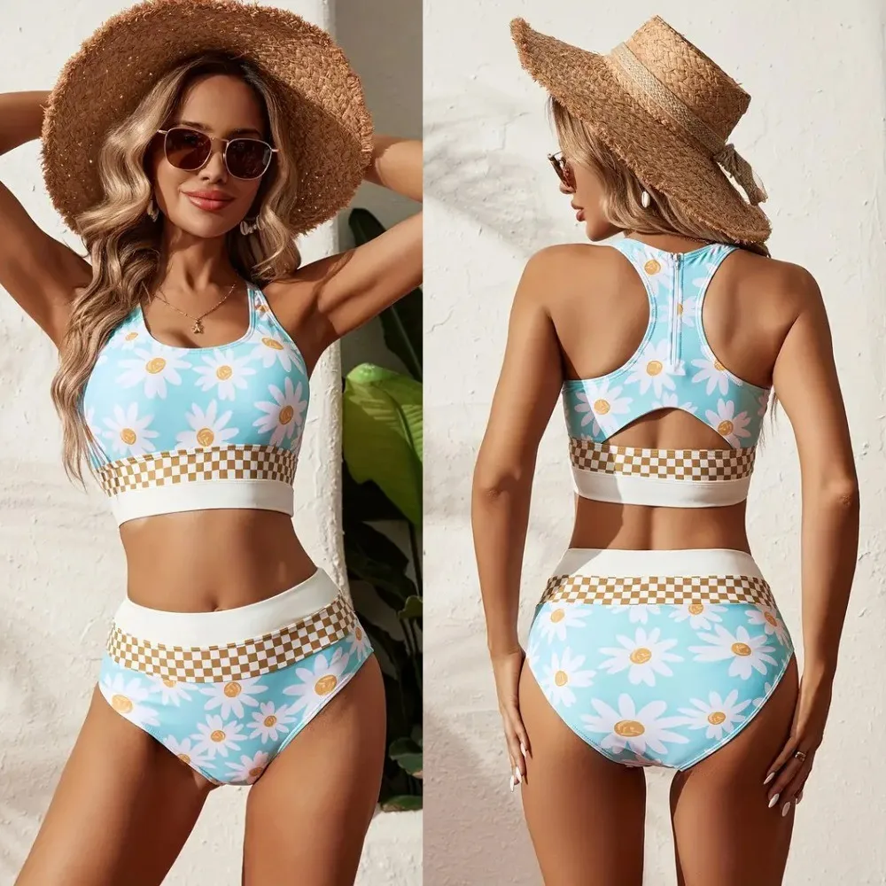 Women's 2026 Sleeveless Printed Zipper Bikini Two-Piece Set Women's Tankinis for Summer Beach Vacation with High-waisted Bottom