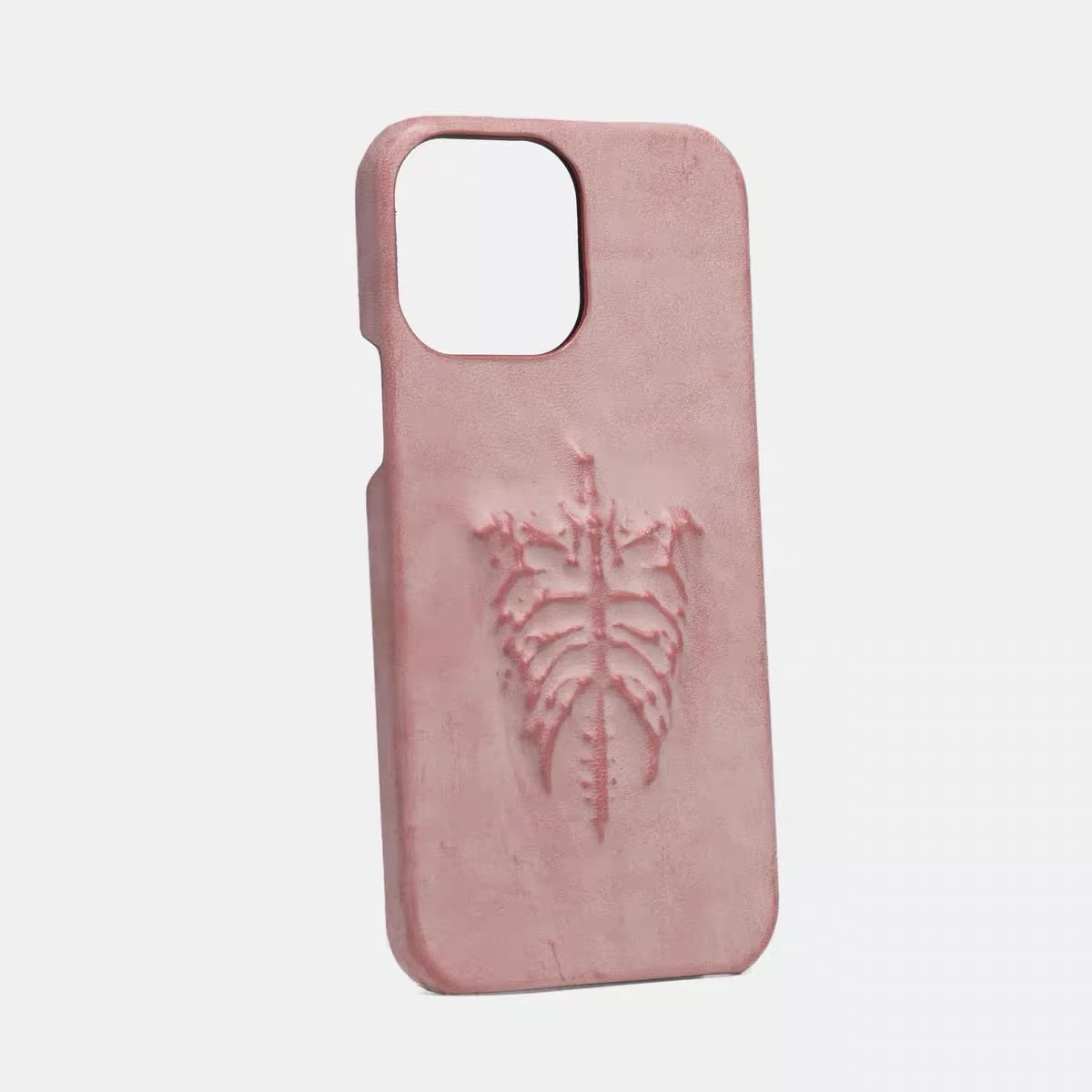 Dark-themed black wax leather phone case for bones aesthetic sculpture design, suitable for iPhone.