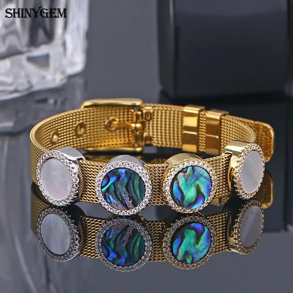 shinygem natural abalone shell crystal druzy gem stone bangles for women gift gold silver plated stainless steel watch adjustabl