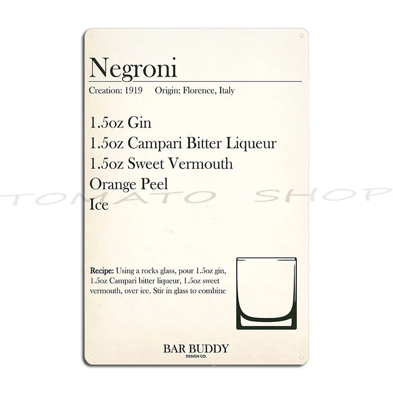 Negroni Cocktail Recipe Metal Sign Poster Wall Pub Home Bar Club Designer Tin Sign Poster