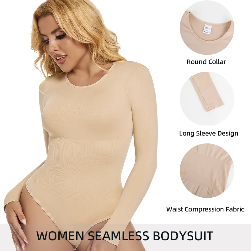 Bodysuits Shapewear for Women Thong Shaper Corsets Long Sleeve Seamless Waist Trainer O Neck BodySuit Stretch Basic T Shirt Tops