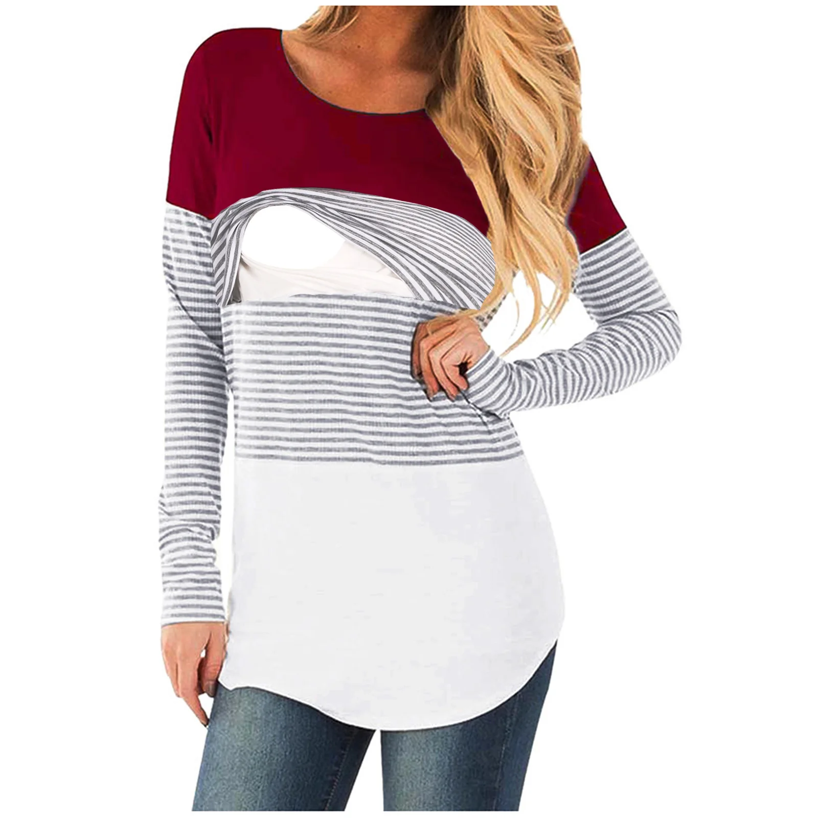 New Casual Maternity Clothes Breastfeeding Tops Breastfeeding T-Shirts Pregnant Women Breastfeeding Colorblock Long Sleeves