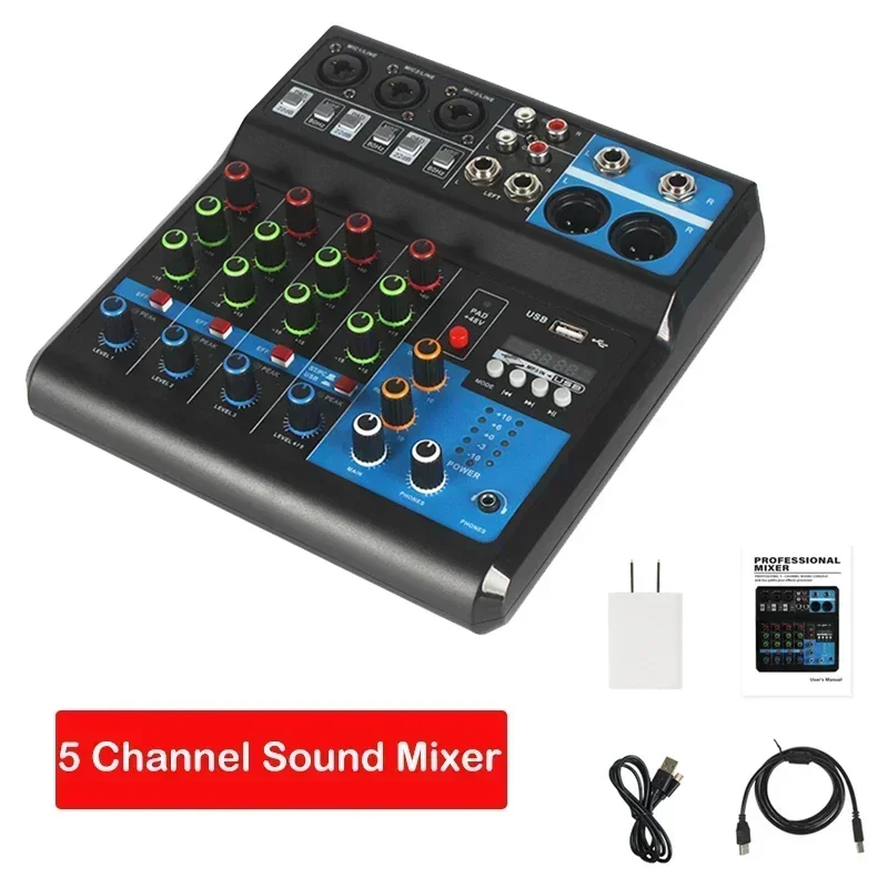 

HD Audio 5 Channel Sound Video Mixer Professional Portable Console Computer Input 48V Power Live Broadcast A5 Sounds Mixers Kit