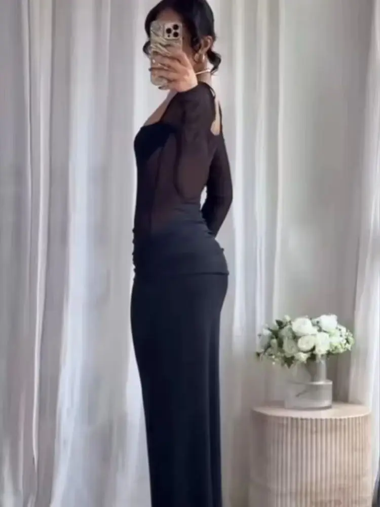 HH Woman Summer Fashion Long Sleeves Square Collar Drape Splicing Translucent Pleated Decoration Dress Female Sexy Party Dress