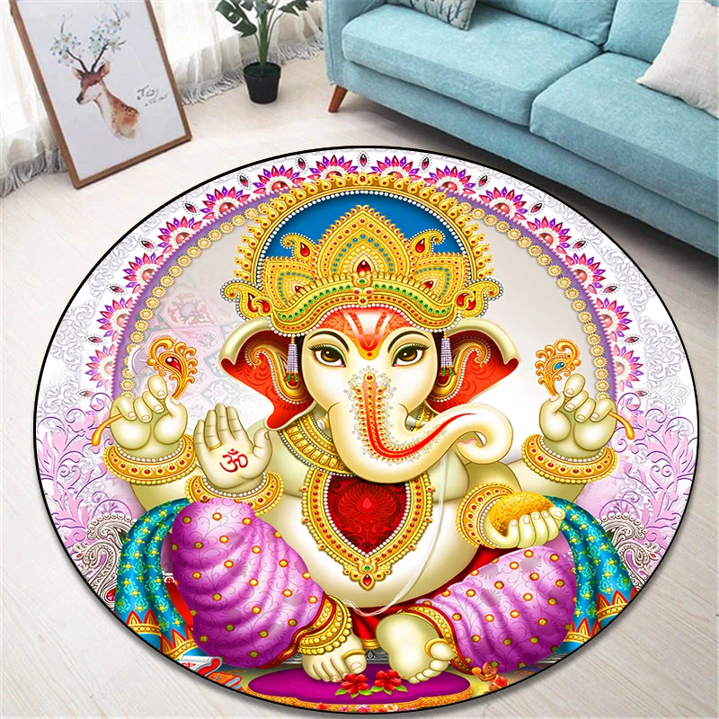 Indian Elephant God Ganesha Round Carpet for Living Room Rugs Camping Picnic Mats Flannel Anti-Slip Rug Yoga Mat Prayer Carpet