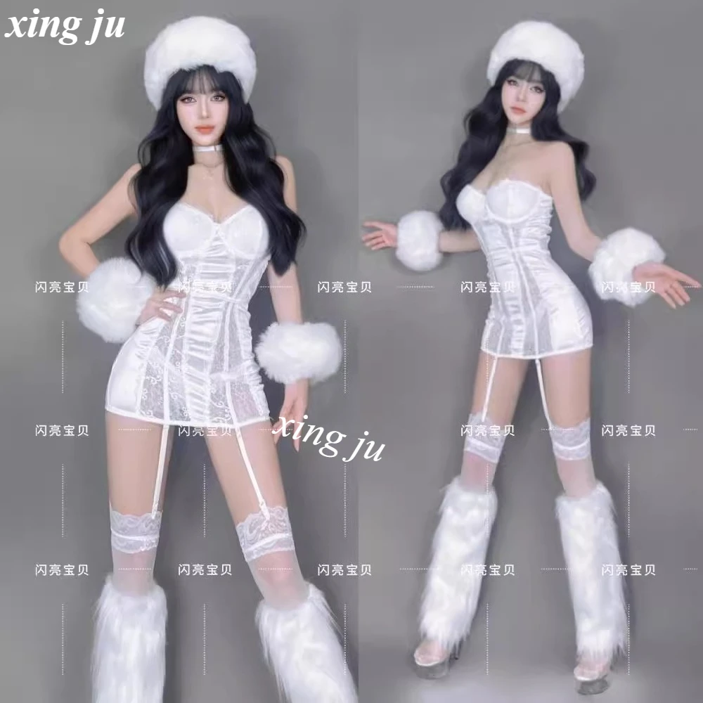 Nightclub Hot Girl Performance Costume Pole Dance Red Clothing Female Singer DJ Stage Dancer Sexy White Strapless Short Dress