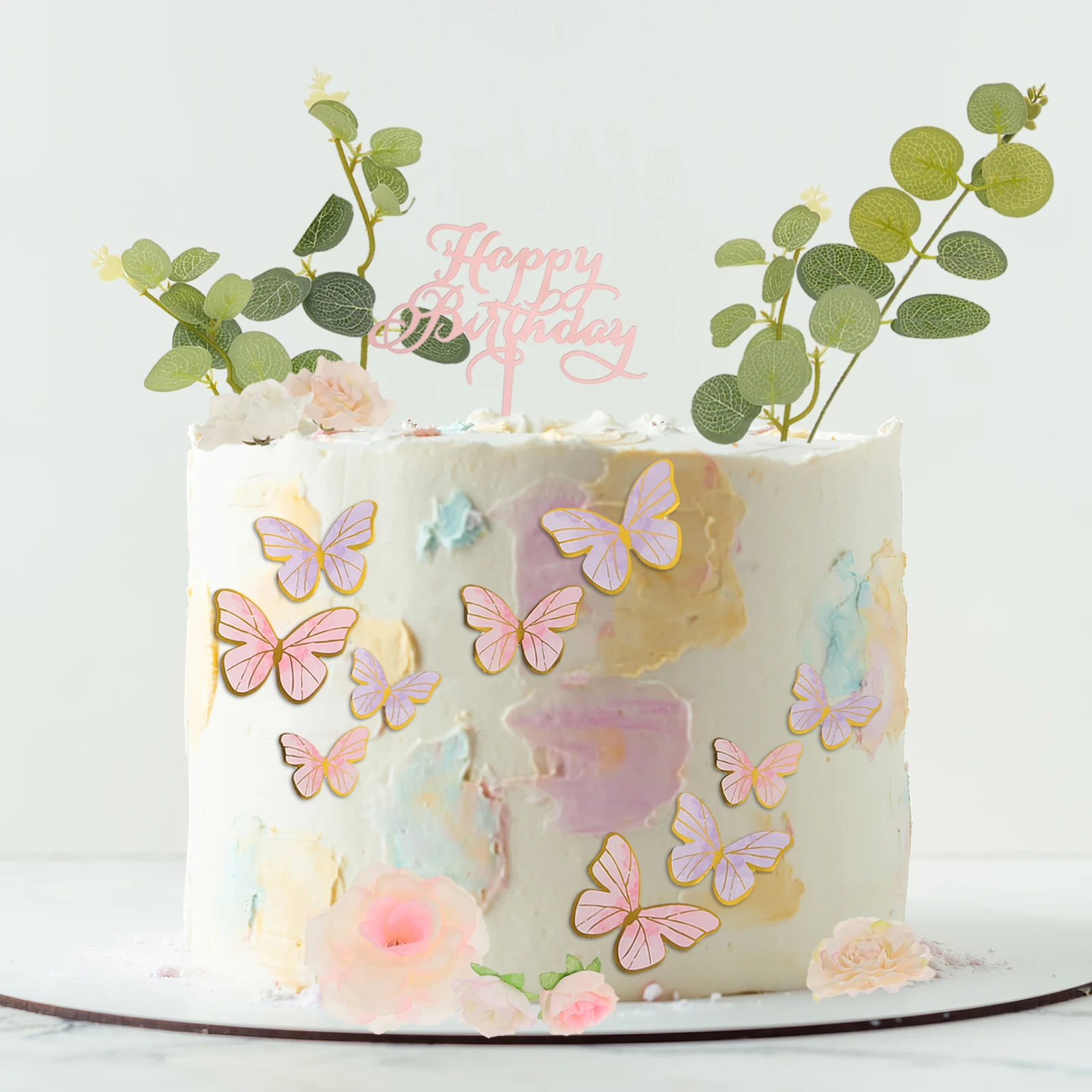 

33pcs Decoration Set Flower Butterfly 3D Floral Wedding Birthday Baby Shower Supplies Artificial Roses Eucalyptus Leaves Cupcake