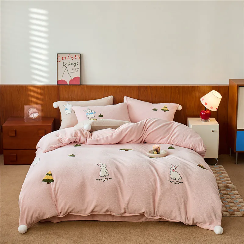 

Cartoon Rabbit Towel Embroidery Winter Thicken Flannel Bedding Set, Duvet Cover, Linen Fitted Sheet, Pillowcases, Home Textile