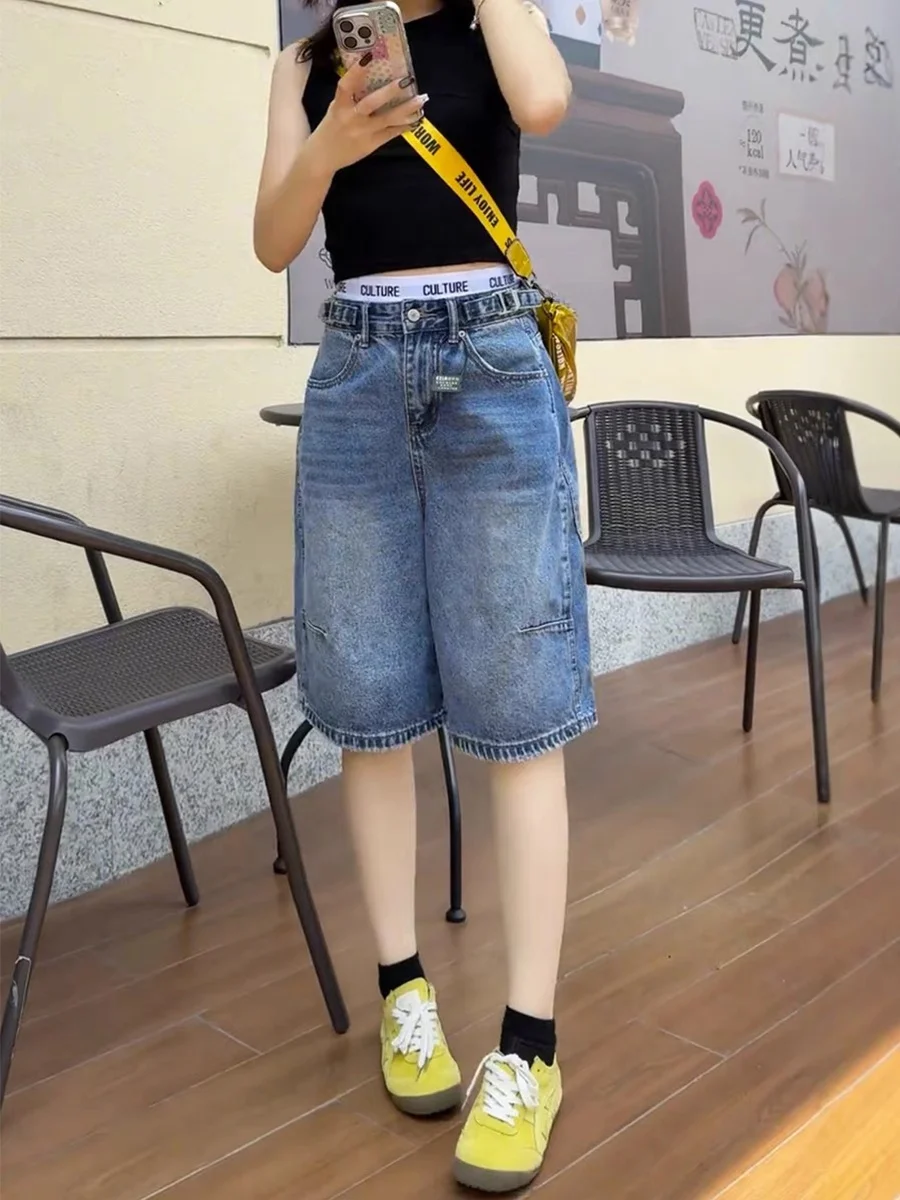 

plus Size High Waist A-Line Five Inch Denim orts Women Summer Loose Wide Leg Pants Casual Sle Blue Jeans Straight Cut