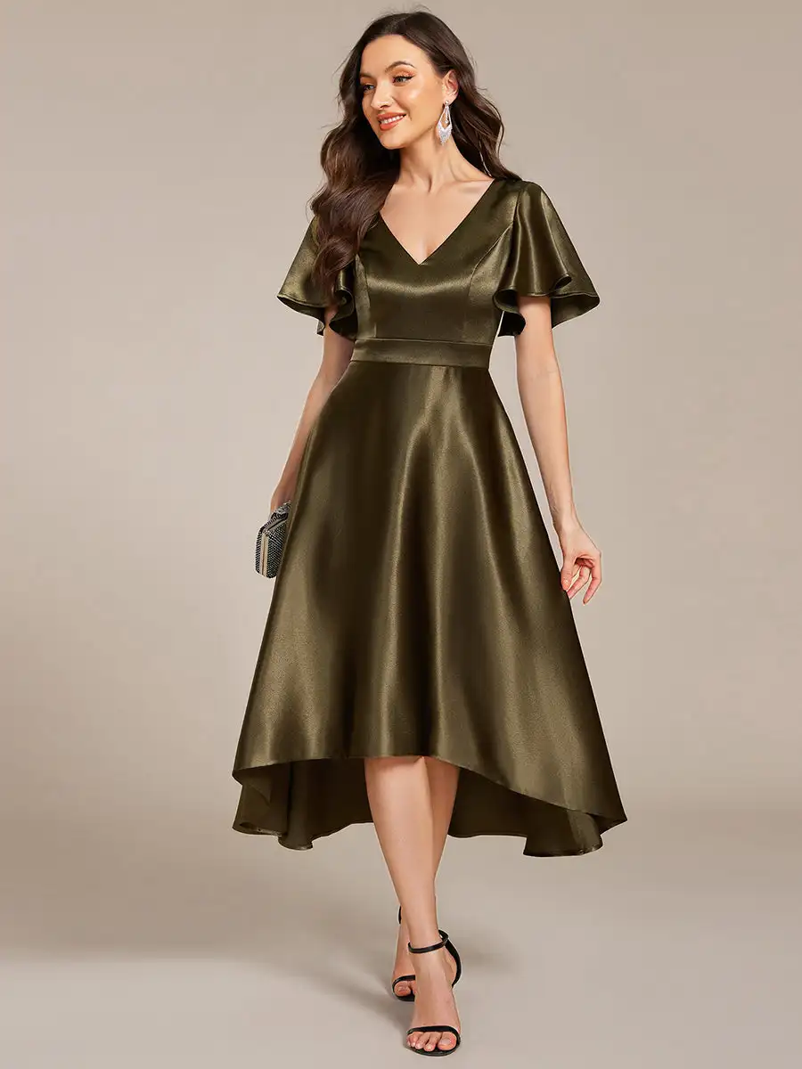 

Elegant Evening Dresses Ruffles Sleeve Asymmetrical Hem Midi Length Satin 2025 Ever Pretty of Olive Green Wedding Guest Dresses