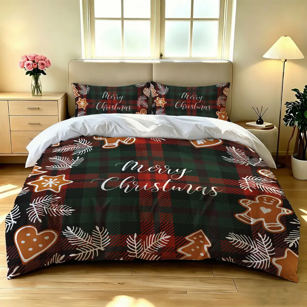 3piece set (1 bedspread + 2 pillowcases) with a Merry Christmas gingerbread man plaid perfect for home decoration