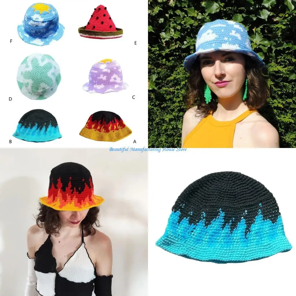

E56A Шляпа-ведро с пламенем Вязаная шляпа-ведро С узором Вязаная шапка в рыбацком стиле Вязаная шляпа-ведро крючком Шляпа с с с