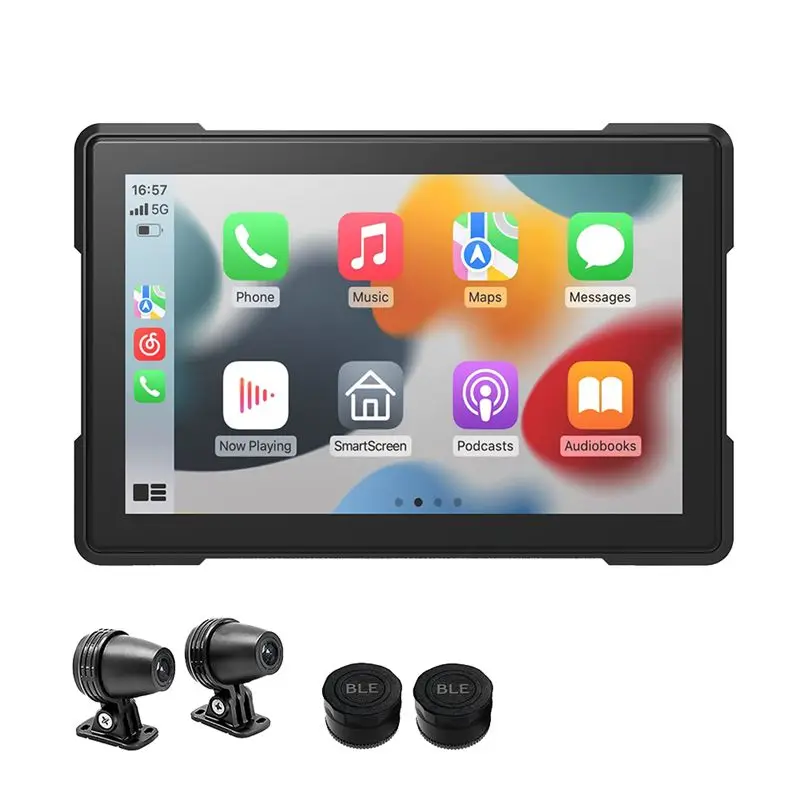 

1080P Waterproof Wireless 5 Inch Motorcycle DVR Dash Cam Carplay Android-Auto With Wifi And Tire Pressure Detection PND