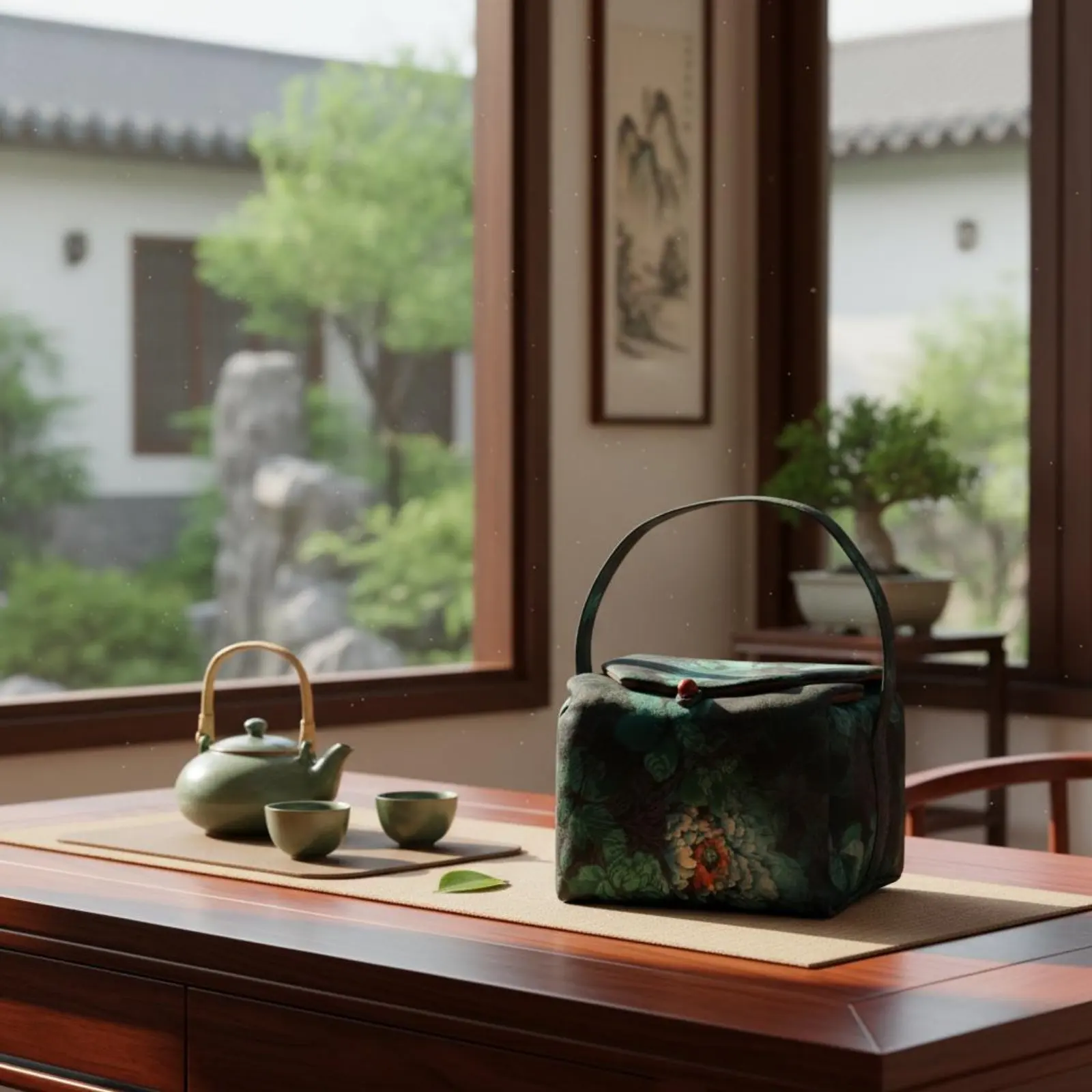 Immagine 7: Contenitore Portatile per Set da Tè, Borsa Artigianale in Stile Cinese per Cerimonia del Tè all'Aperto