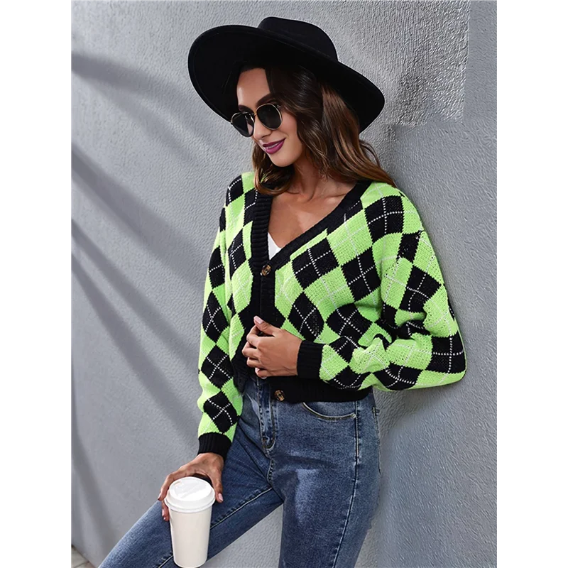 SQPP-Women's Knit Cardigan Sweaters Long Sleeve Argyle Open Front Button Down V Neck Cropped Coats Casual Trendy Tops