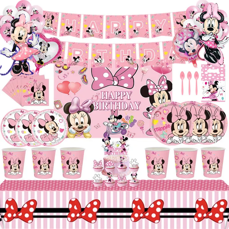 

Disney Minnie Mouse Birthday Party Decorations Princess Girl Party Supplies Minnie Mickey Paper Tableware Cup Plate Foil Balloon