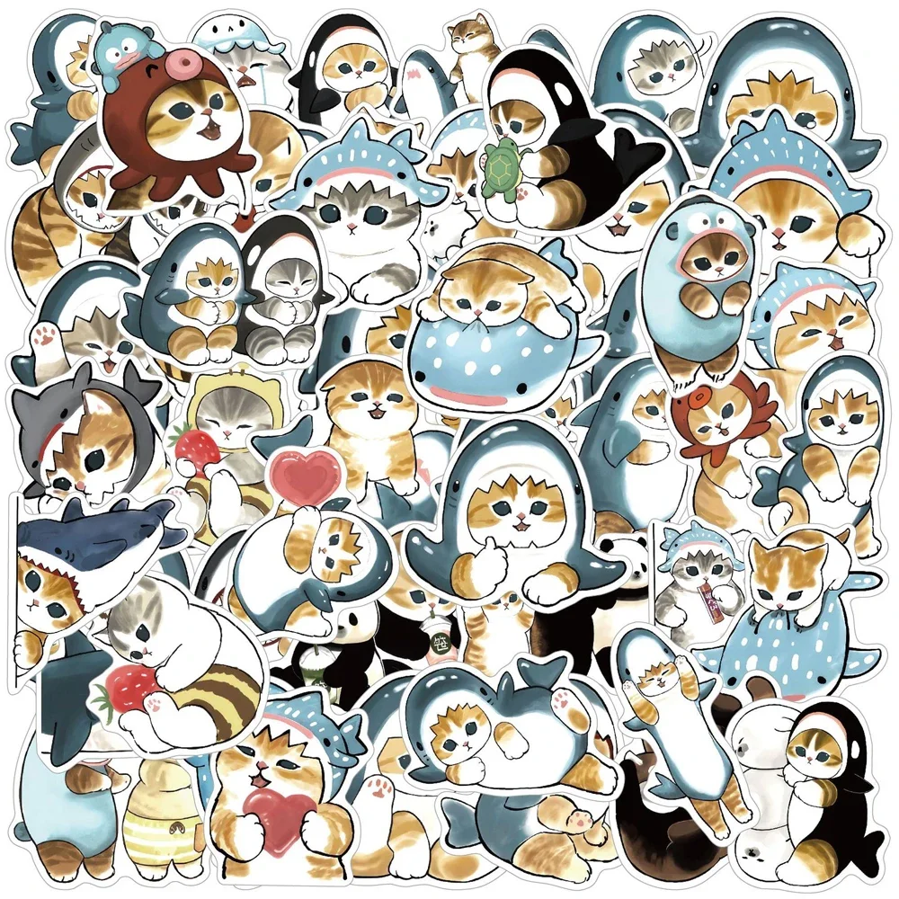 50Pcs Funny Shark Hooded Cute Cat Stickers, Cartoon Decor Decals for Suitcase, Scrapbook, Laptop, Phone, Stationery DIY Gift