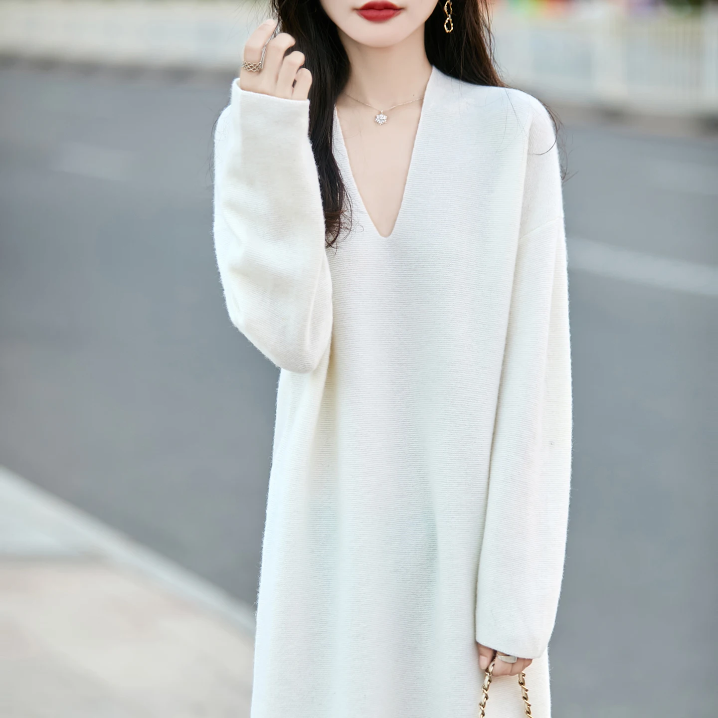 100% pure wool knit dress female V-neck long-sleeved pullover long Joker one-step skirt
