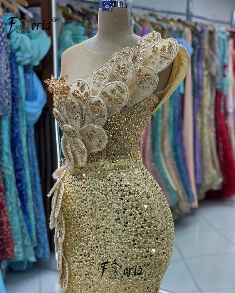 Vestido de fiesta de sirena con lentejuelas doradas para mujer, vestido de noche largo con apliques de flores en 3D, abertura, Arabia