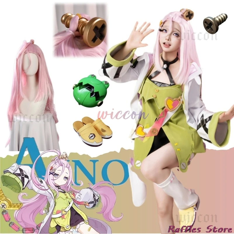 

New Genshin Impact Character Aino Cosplay Costume Green Suit Yellow Shoes with Wig for Comic Con Halloween Anime Girls Women