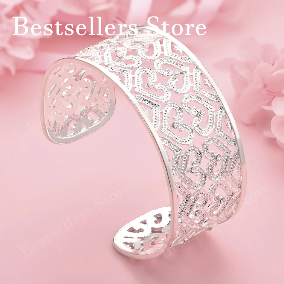 

925 sterling silver exquisite heart-shaped hollow wide open face bracelet for women's fashion parties, wedding jewelry