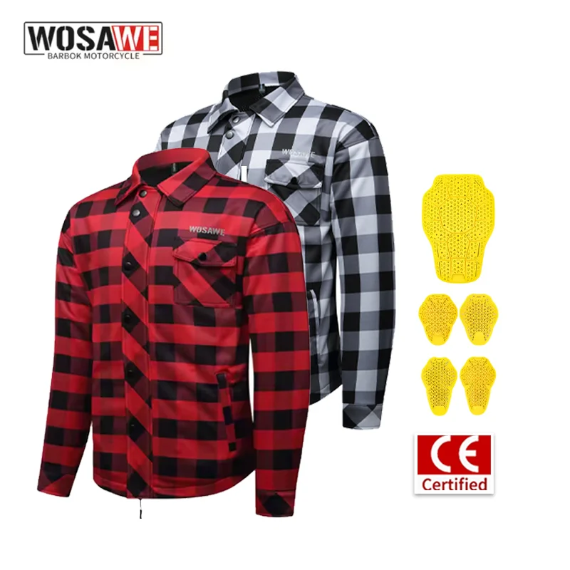 WOSAWE Men Motorcycle Riding Shirt Jacket Winter Warm Plaid Coat with Removable Back Shoulder Elbow Pads Moto Biker Gear