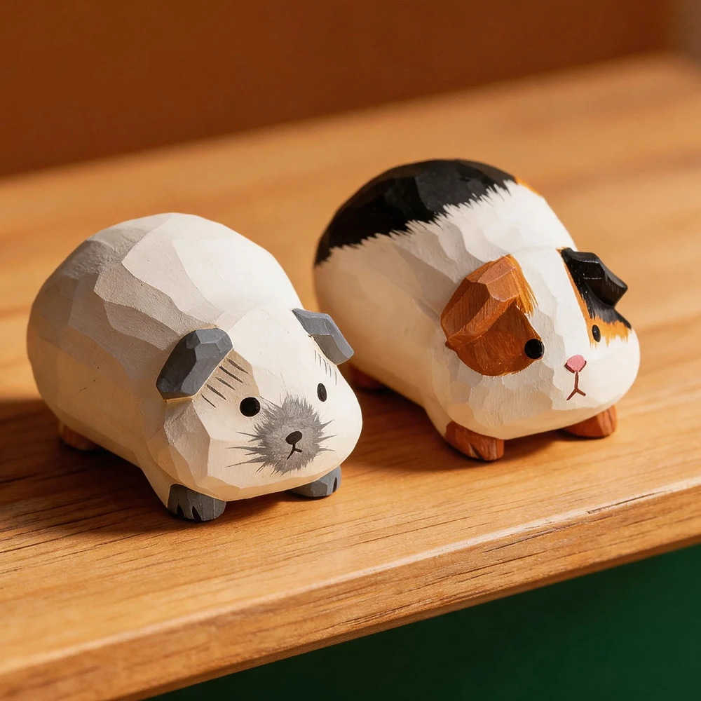 Hand Carved Decorative Wooden Guinea Pig Figurine Sculpture Cute Cavy Statue Ornament Shelf Home Desk Office Pet Decor Gift