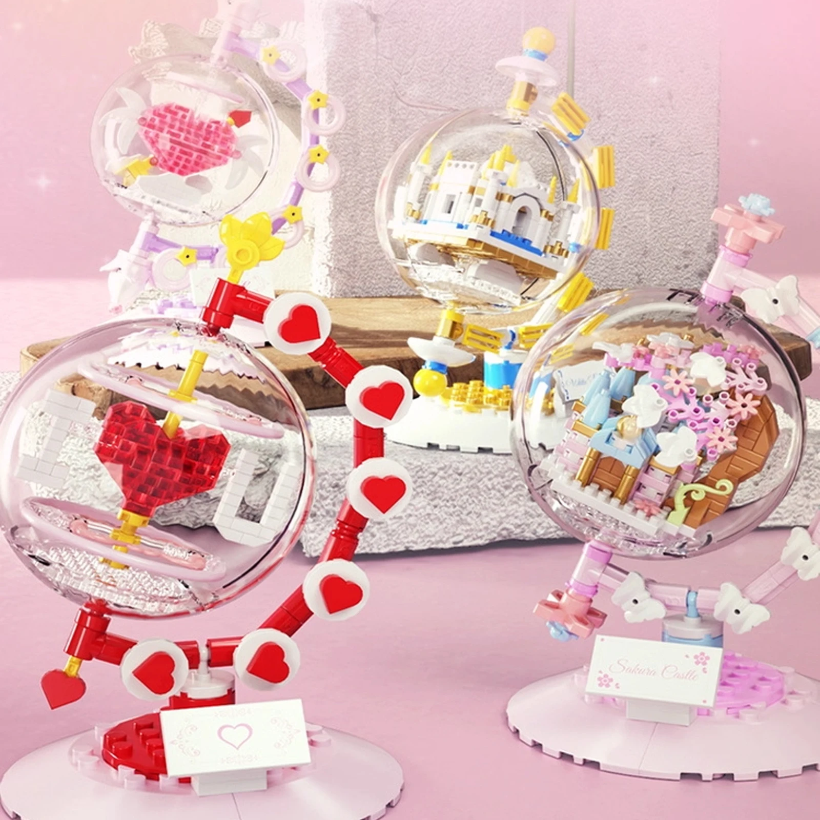 Micro Building Blocks Globe with Cherry Blossom Castle Ghost Ship Dinosaur Explore Earth Education Assembly Toy 3D Creative Gift
