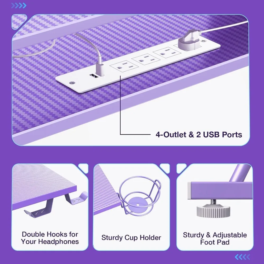 Gaming Desk 50.4” with LED Light & Power Outlets, L-Shaped Gaming Desk Carbon Fiber Surface with Monitor Stand