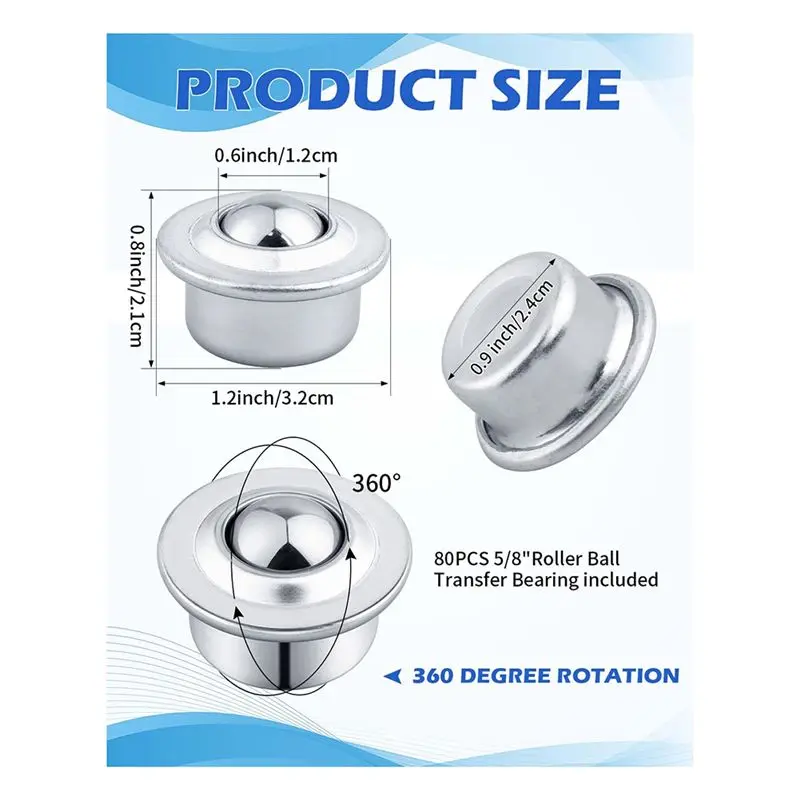 AT44 5/8inch 80PCS Roller Ball Transfer Bearing CY-15H Carbon Steel Ball Bearing Rollers Casters for Conveyor