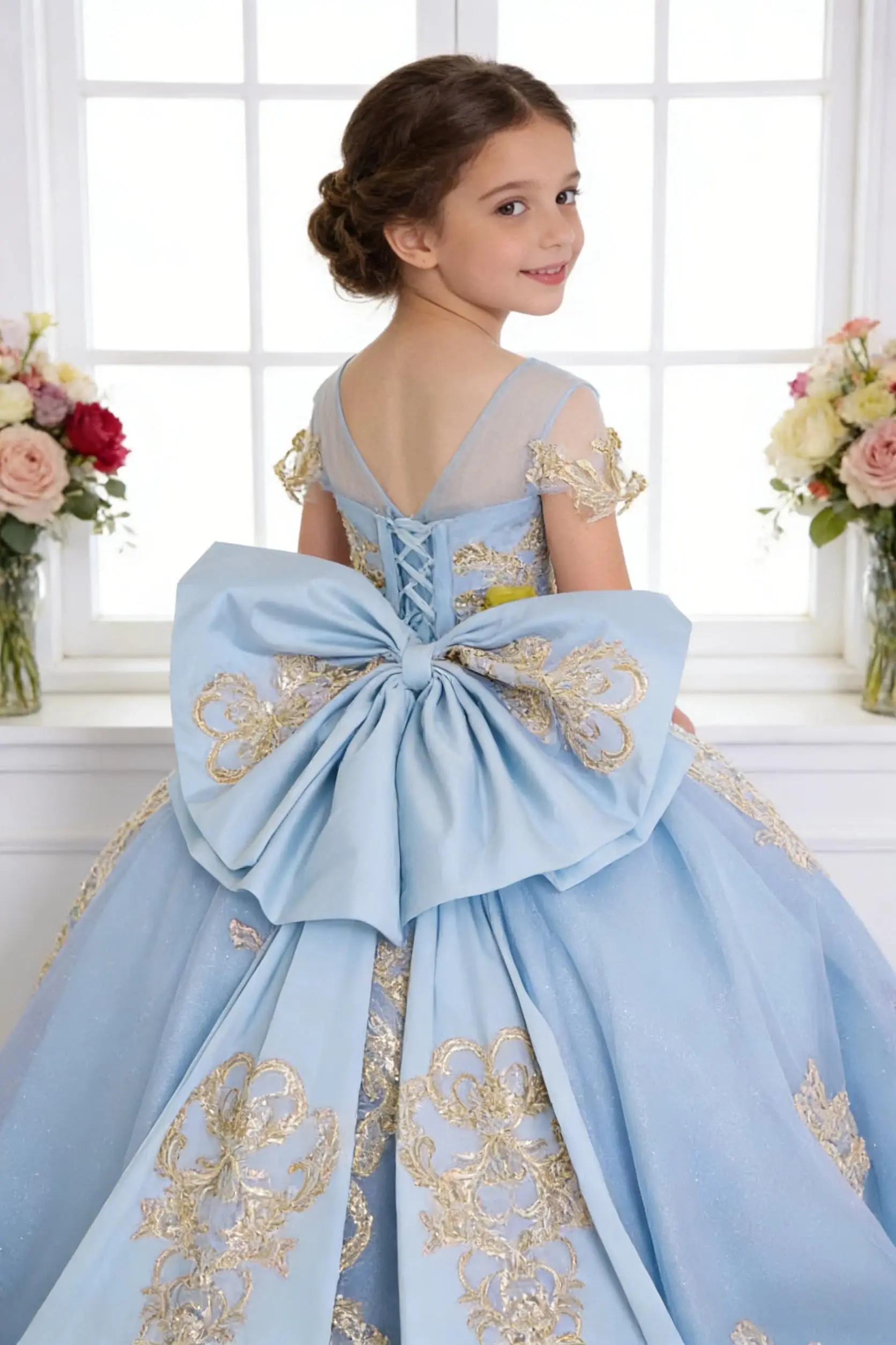 Gorgeous Sky Blue Sequins Gold Appliques with Long Trailing Flower Girl Dress for Princess Wedding Birthday Birthday Ball Gowns