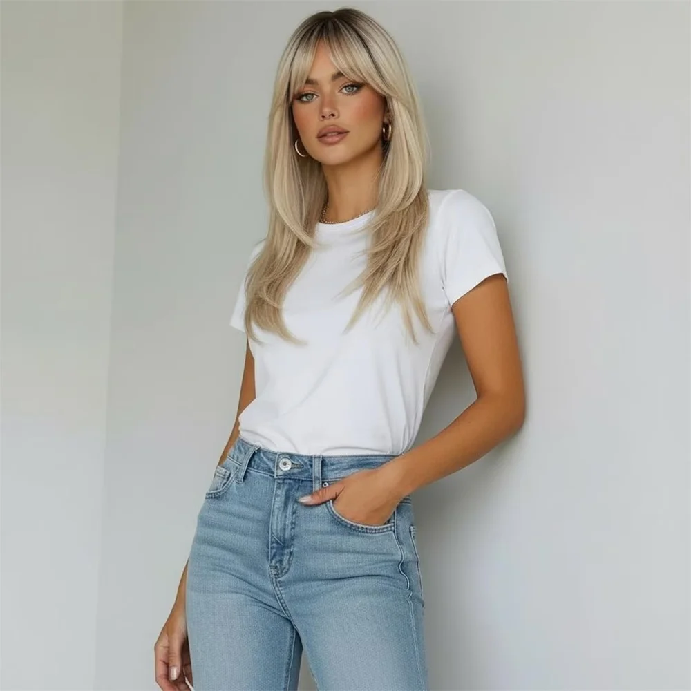 Blonde Layered Wig with Bangs Mixed Blonde 20 Inch Realistic Everyday Glueless Wig for Women High Heat Syntheic Fibre Gift Wig