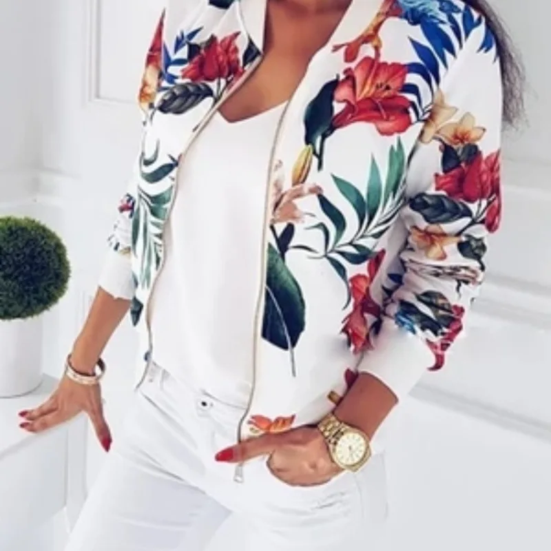 Women Jacket Elegant Navy Blue Print Sports Long Sleeve Baseball Jacket Zip Stand Collar Coat Autumn Woman Clothing Short Styles