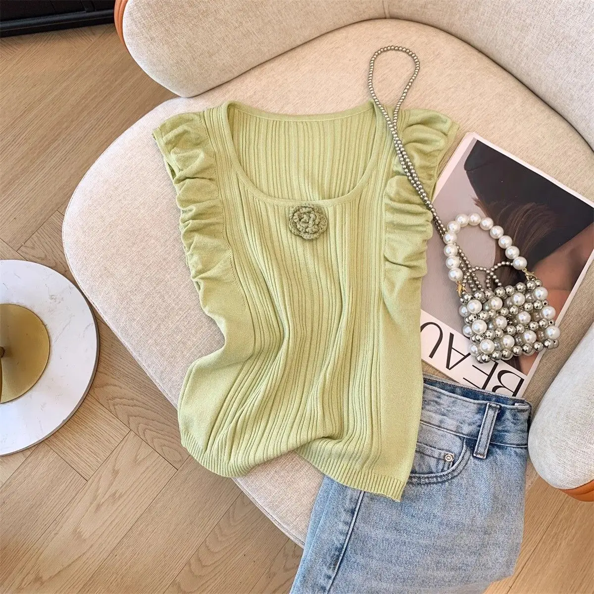 Design Three-dimensional Flowers Flying Sleeve Knitwear Sweater Vest 2024 Summer New Wear Chic Thin Pullover Top