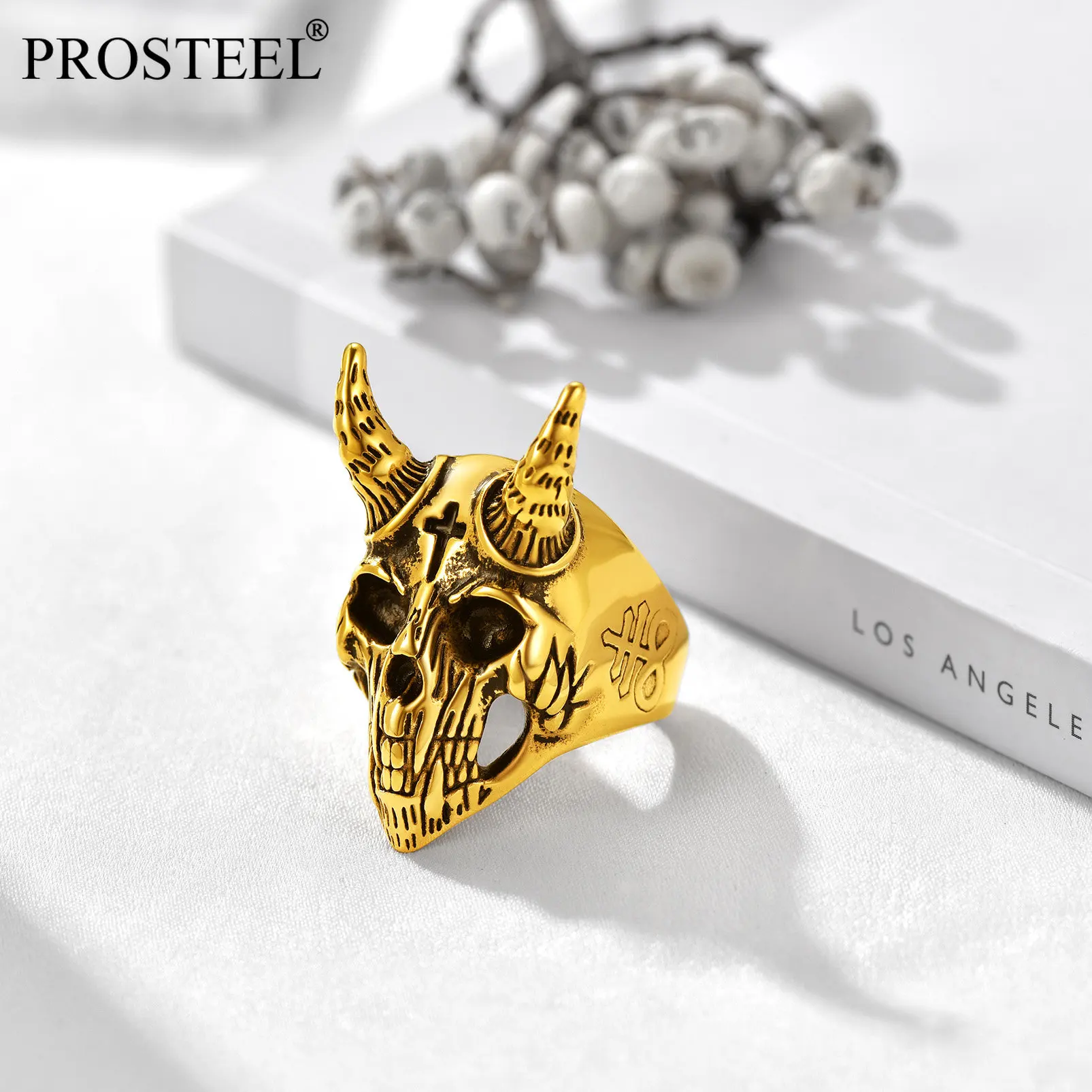 PROSTEEL Satanic Goat Skull Head Rings for Men Hip pop Punk Jewelry Cross Demon Symbol Stainless Steel 14K Gold Plated Ring