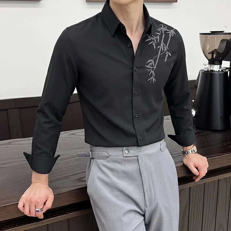 Brand Autumn Rhinestone Long Sleeved Shirt for Men Slim Fit Casual Business Dress Shirts Solid Color Social Banquet Formal Shirt