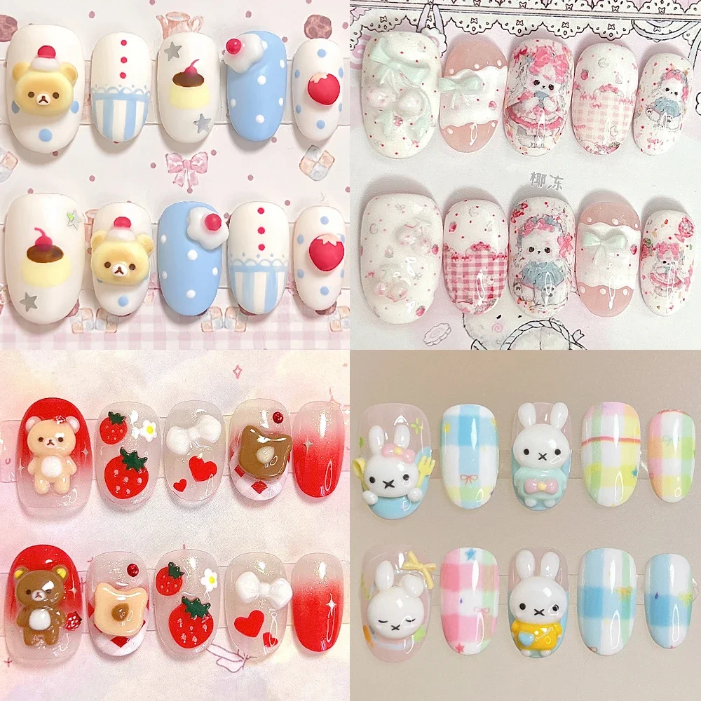 

10Pcs Kawaii Cartoon Rilakkuma Handmade Press On Nails Strawberry Rabbit Bear Bowknot Nails Party Stickers