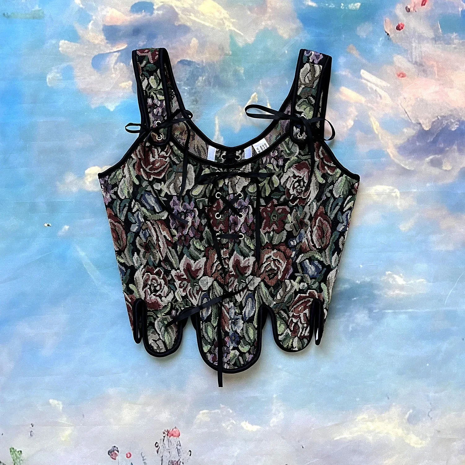 

Женский винтажный жаккардовый корсет из териленовой пряжи, жилет в стиле Ренессанс, камзол, бюстье, галстук, тонкие топы на шнуровке сзади