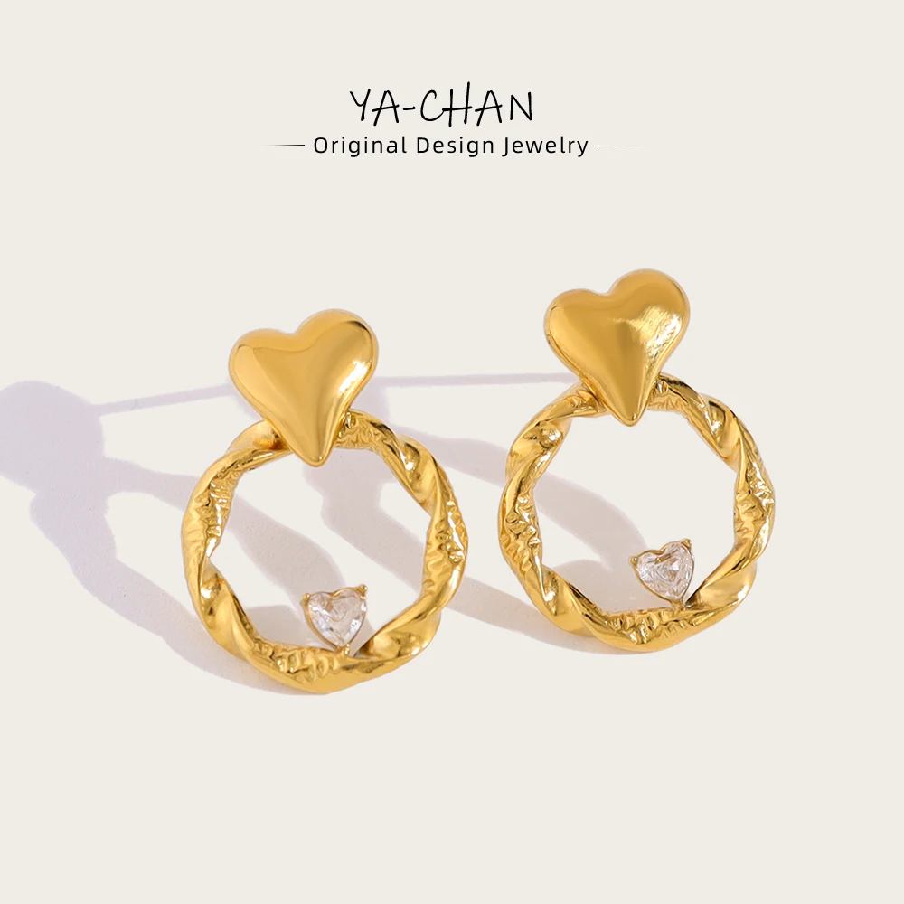 

YACHAN Trendy Heart Crystal Stainless Steel Stud Earrings for Women Exquisite Chic Irregular 18K Gold Plated Jewelry