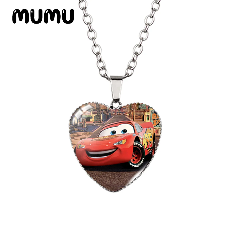 2024 New Lightning Mcqueen Heart Necklace Disney Cars Glass Printed Photo Pendant Handmade Jewelry Gifts Children