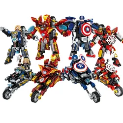 Bloques de construcción de superhéroes de Marvel para niños, juego de ladrillos transformables para motocicleta Mecha 2 en 1, modelo de película de los vengadores, juguetes para niños, regalo, nuevo