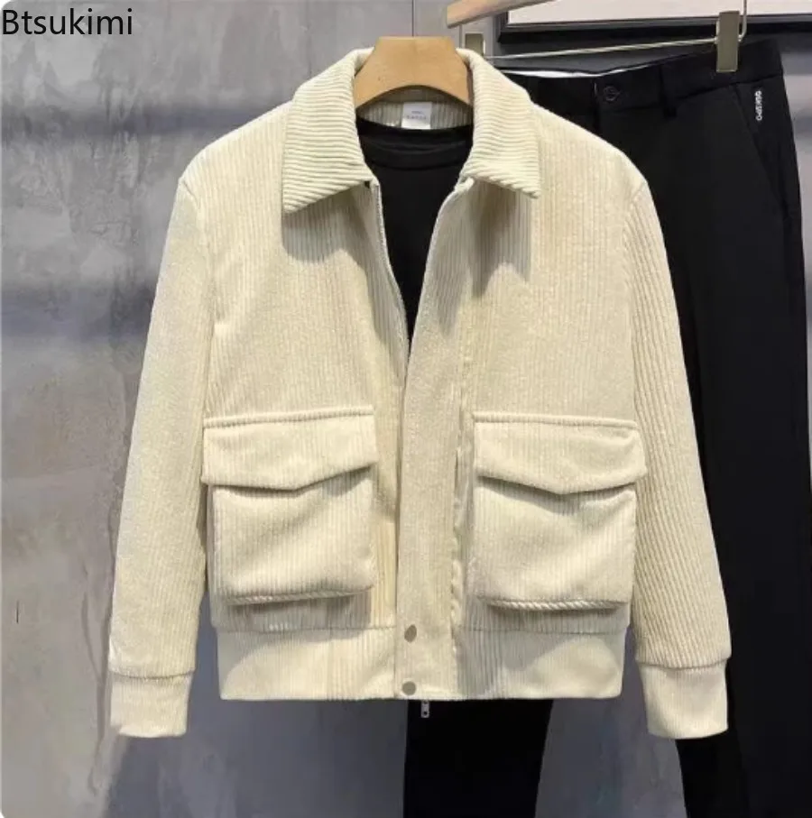 2025 Autumn Winter Men's Corduroy Jackets Retro Jacket Solid Color Lapel Large Pocket Slim Fit Coats Fashionable Casual Tops